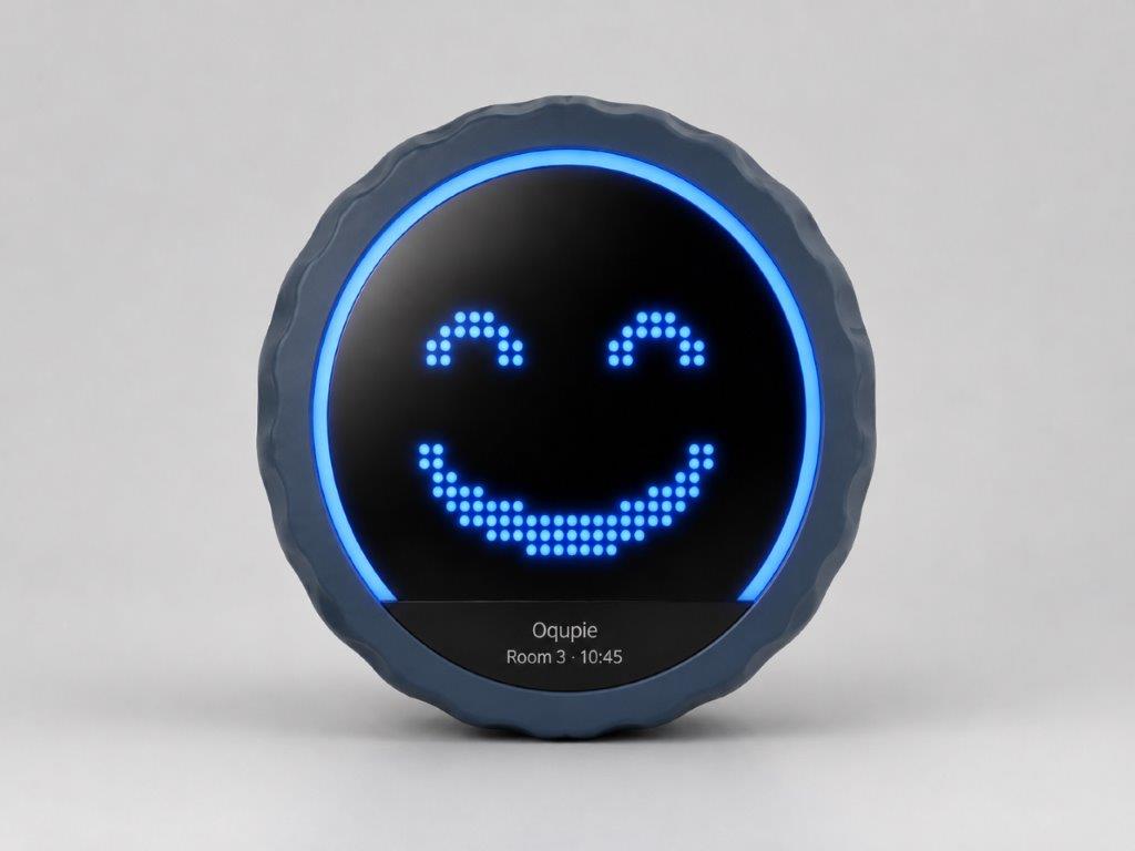 OCUPIE desktop edition close-up — a friendly blue smile glowing on the pie.